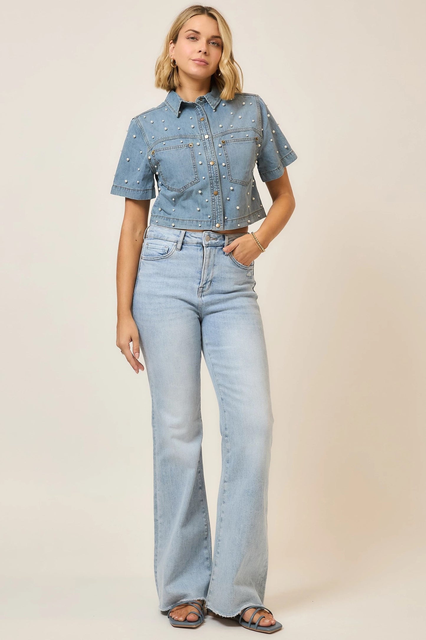 PEARL STUDDED DENIM TOP