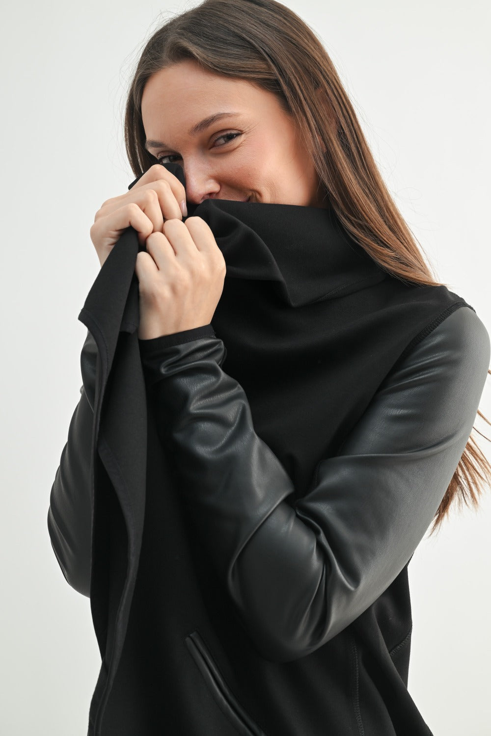 WATERFALL FAUX LEATHER CARDIGAN