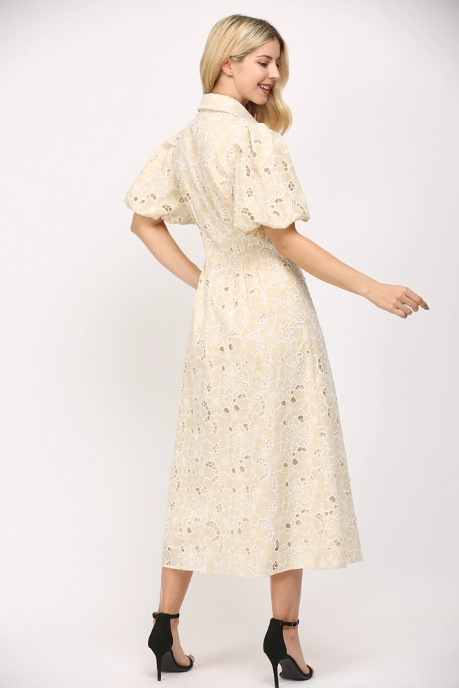 PLEATED WAIST EYELET LACE MIDI DRESS