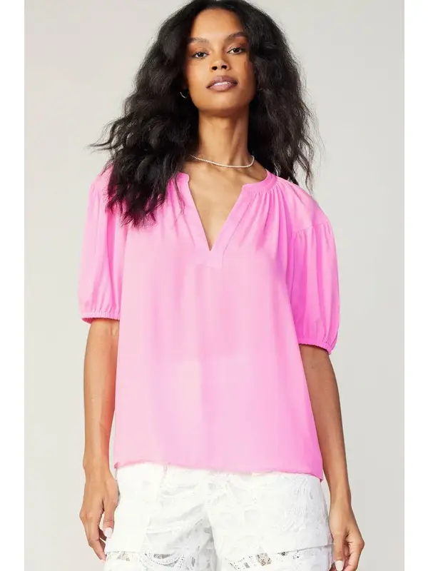 SHORT SLEEVE SPLIT NECK BLOUSE