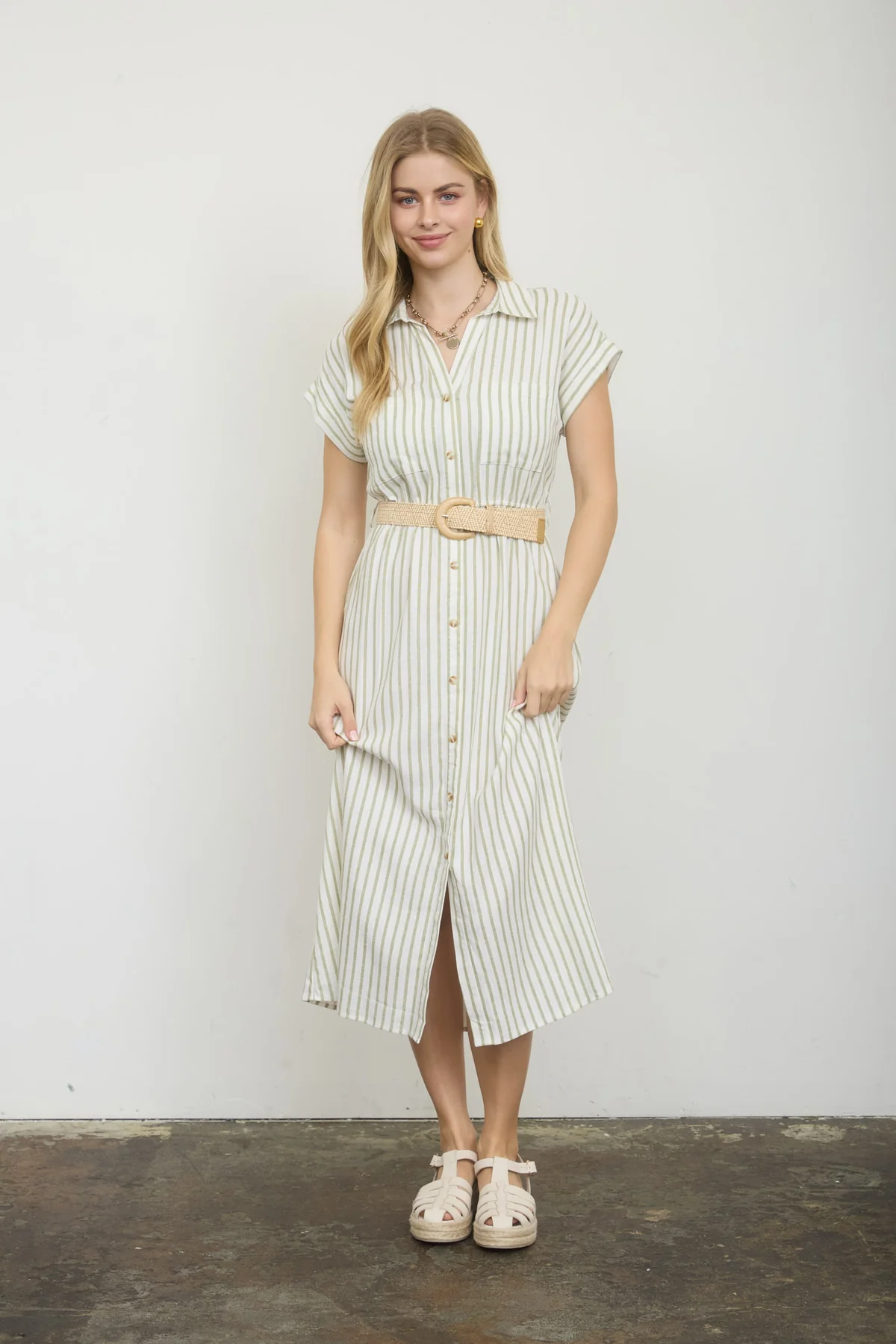STRIPED BELTED BUTTON UP MIDI
