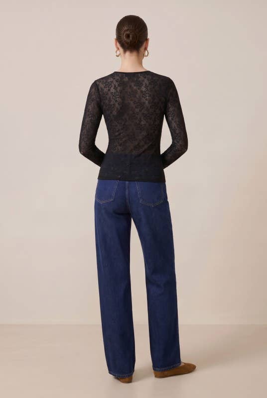 Black / Brown Sheer Lace Long-Sleeve Top - alternate view