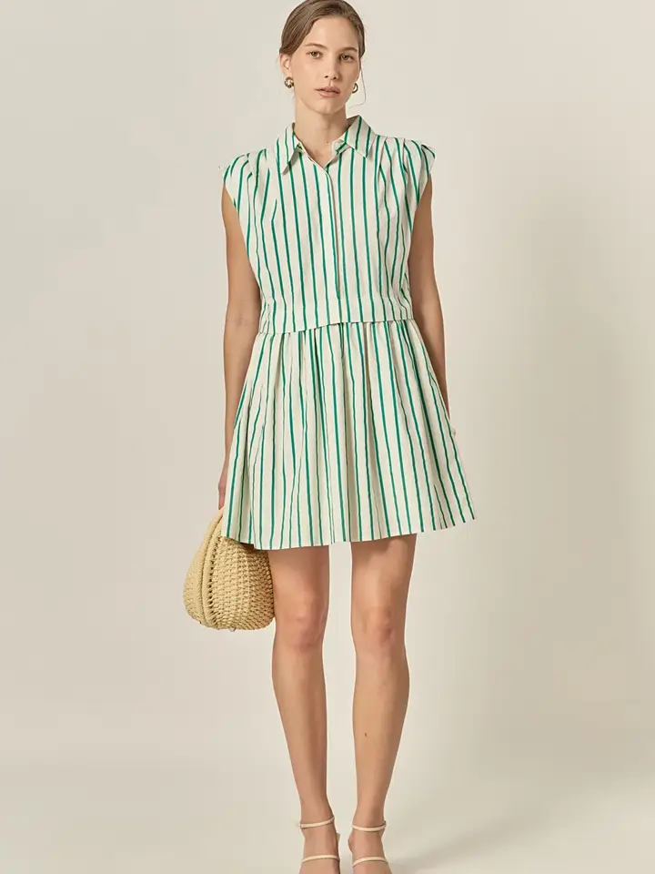 STRIPED PLEATED SHIRT DRESS