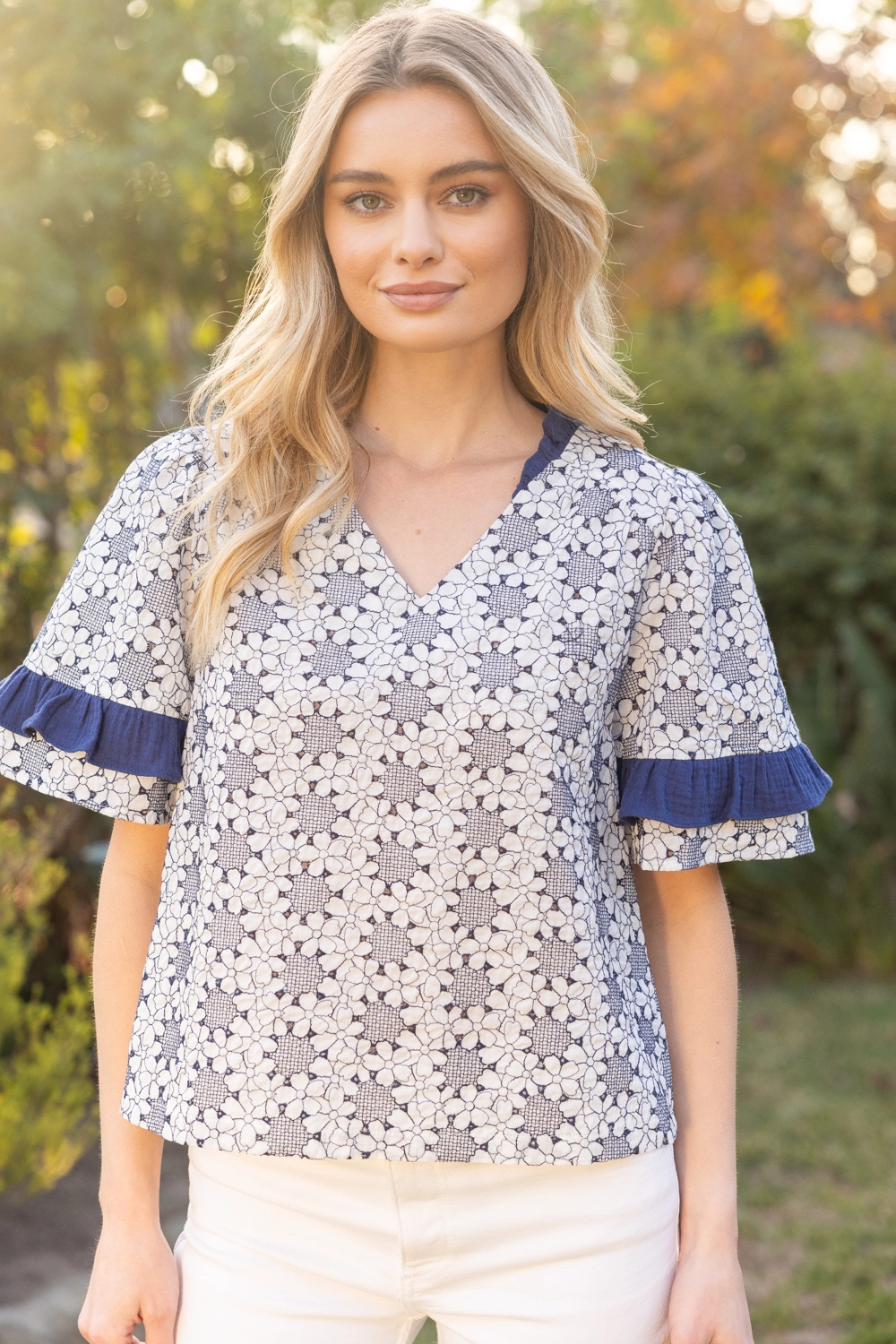 FLORAL EMBROIDERED RUFFLE ACCENT TOP
