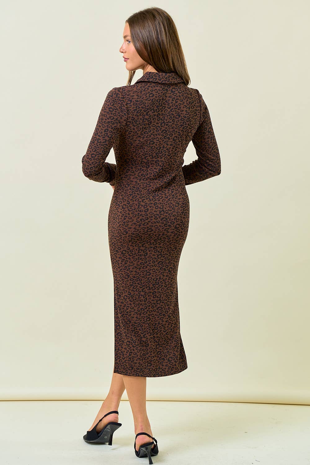 Brown ribbed leopard collared midi dress - back view