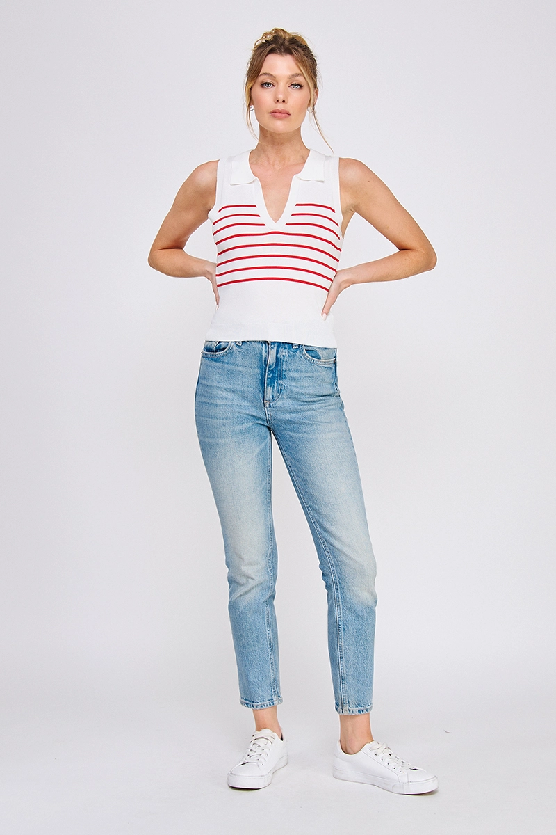 STRIPED KNIT POLO TANK