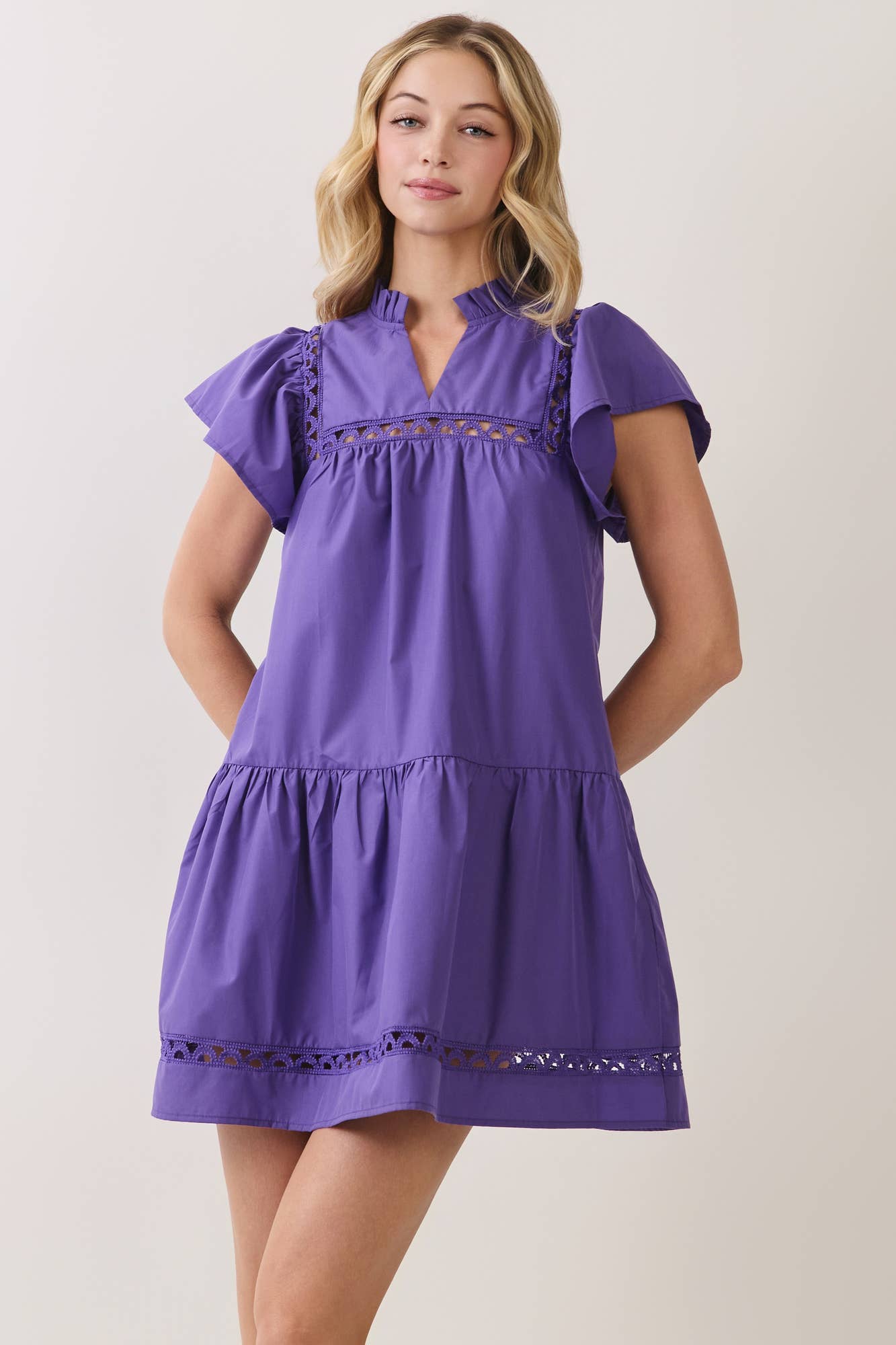 Purple lace-trim mini dress front view