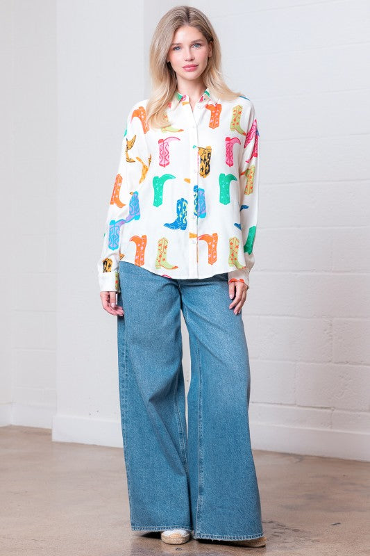 Boot-print button-up shirt, back view