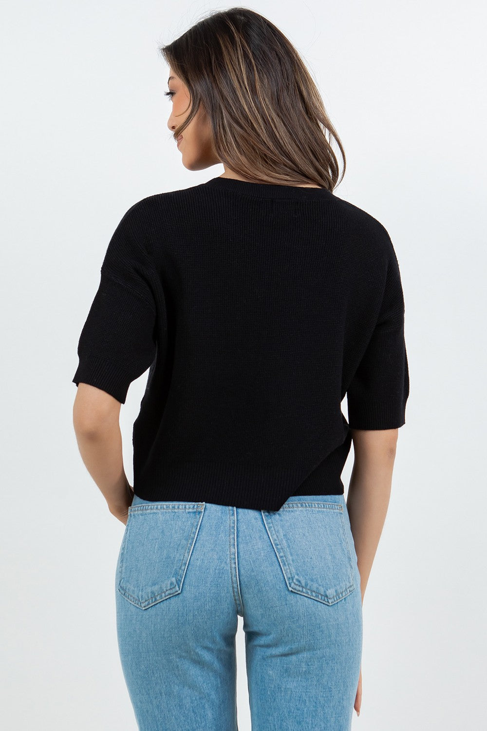 WAFFLE KNIT SHORT SLEEVE SWEATER