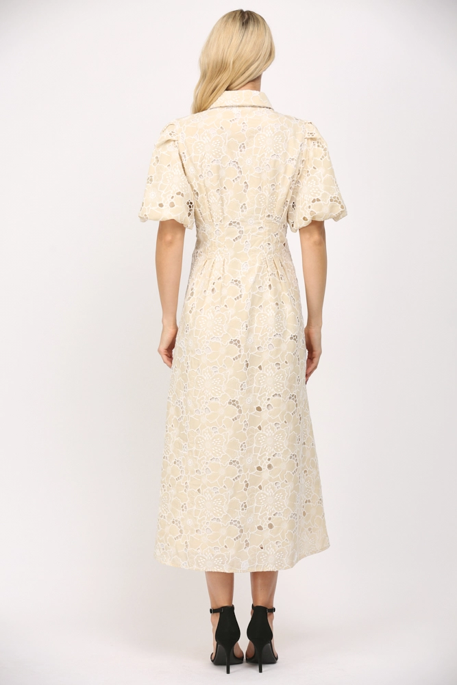 PLEATED WAIST EYELET LACE MIDI DRESS