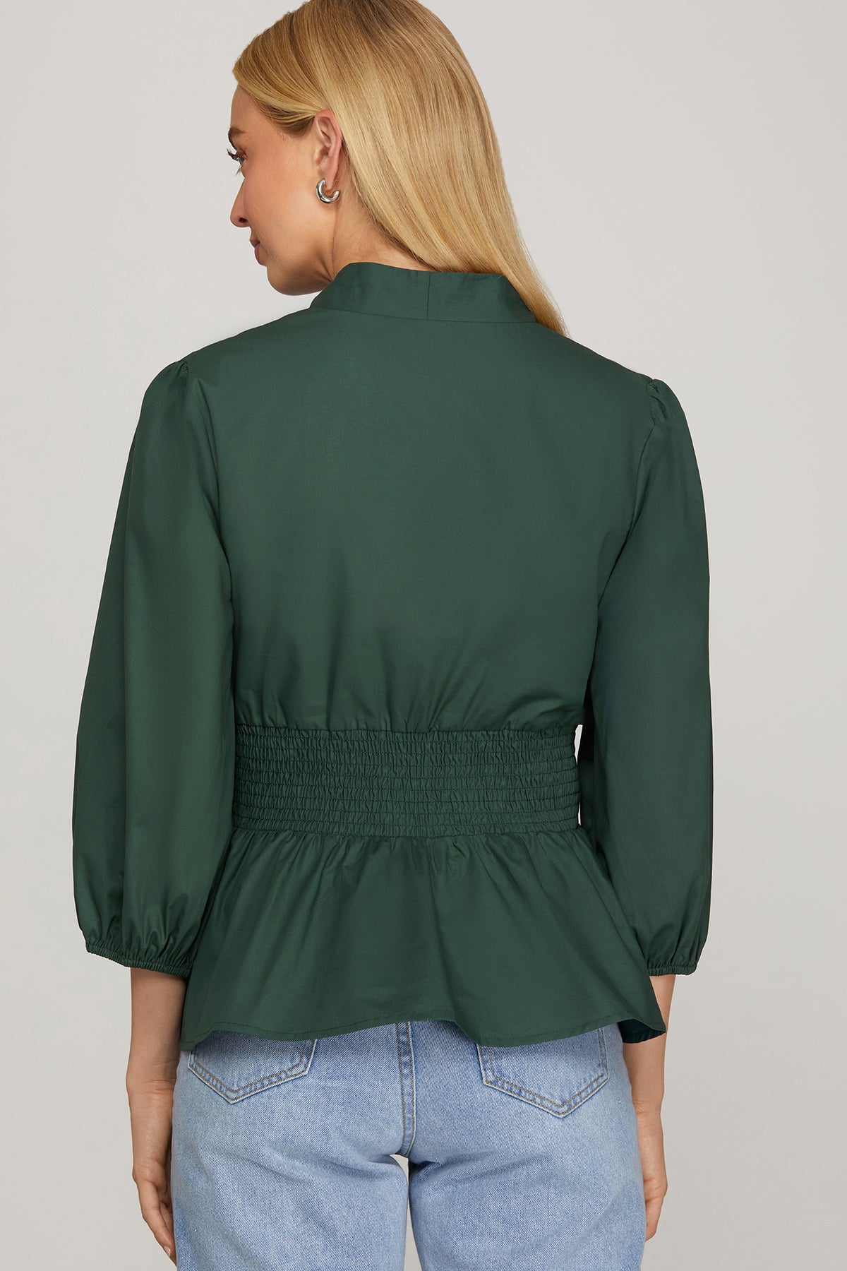 Green smocked zip-front peplum top - product image 2