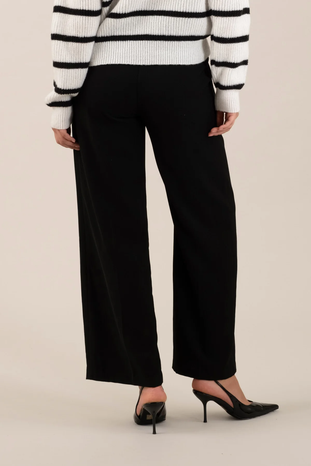Black pleated wide-leg trousers, back view