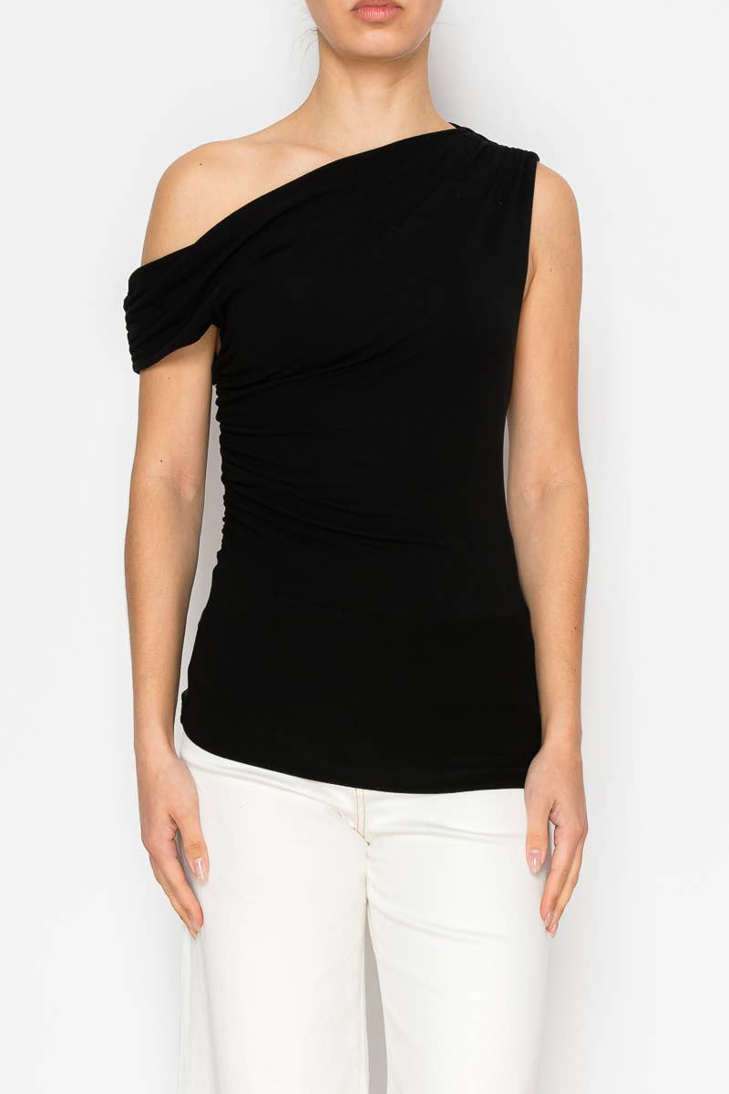 Model wearing black ruched one-shoulder top