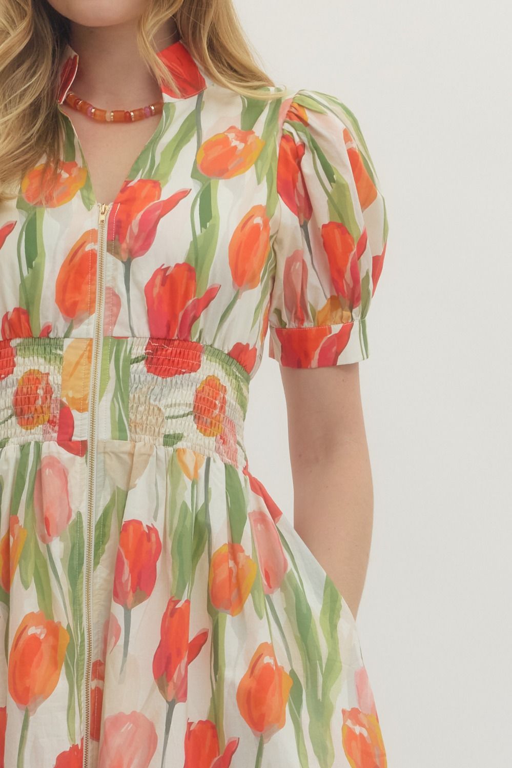 FLORAL PUFF SLEEVE ZIP MIDI DRESS