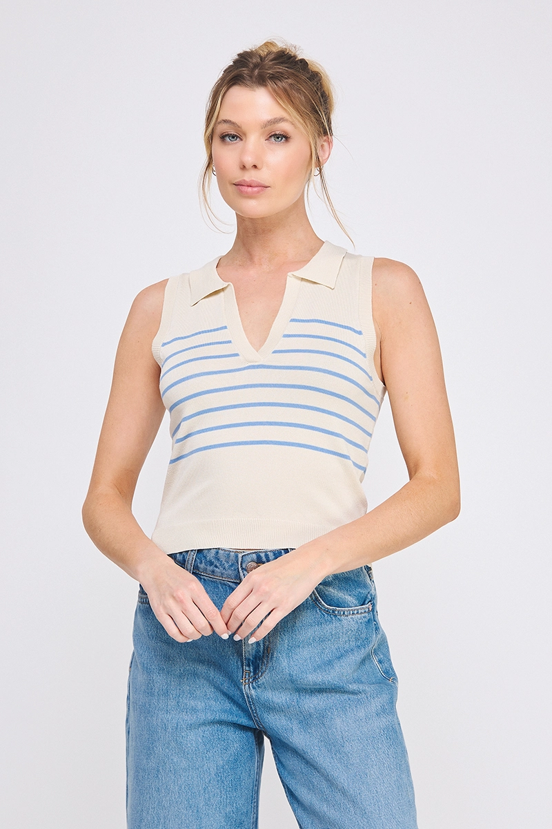 STRIPED KNIT POLO TANK