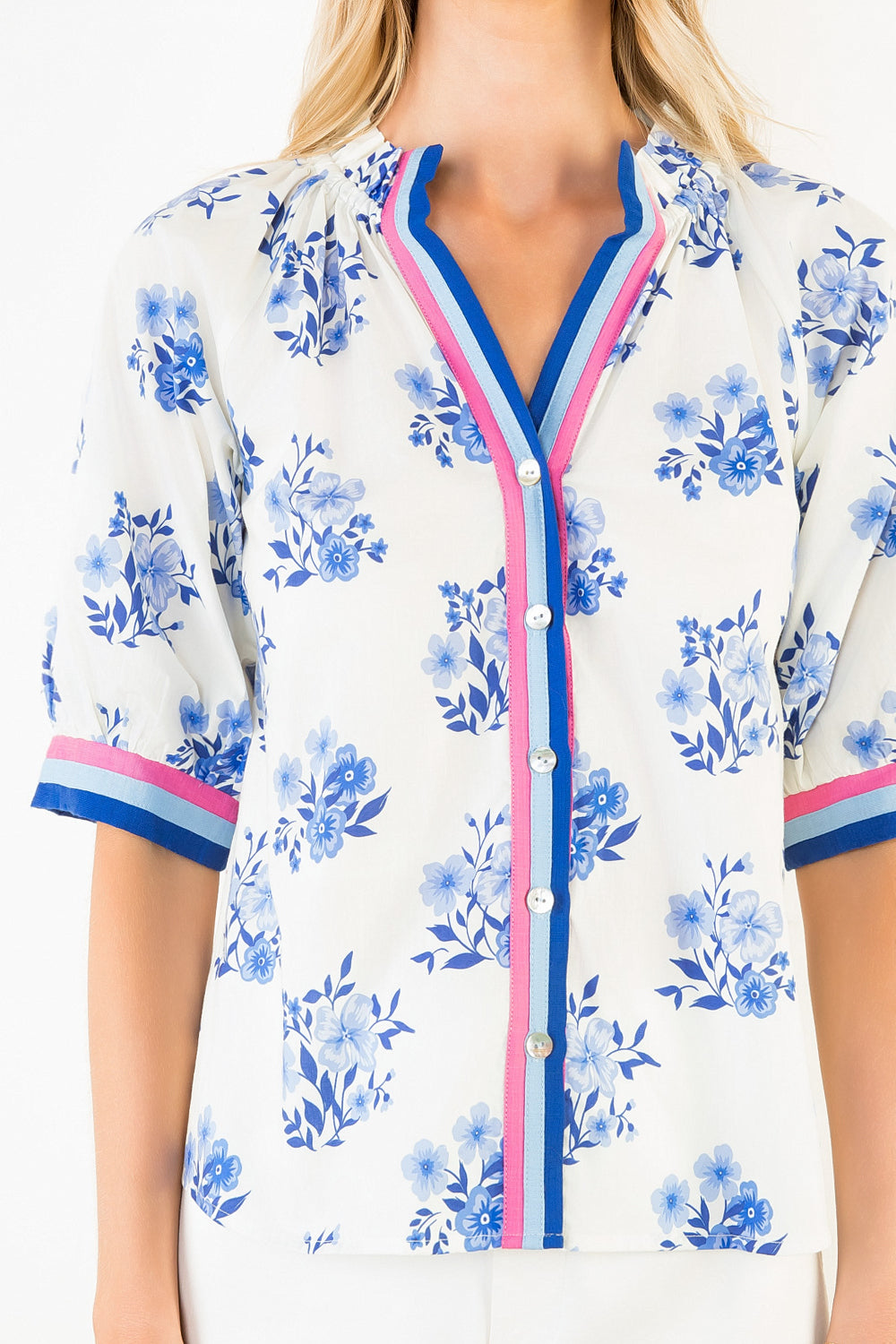 STRIPED TRIM BUTTON UP TOP