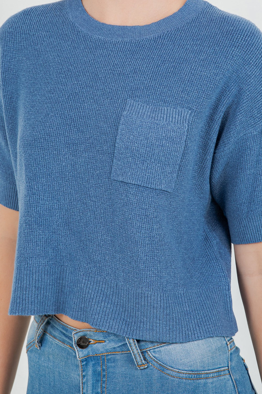 WAFFLE KNIT SHORT SLEEVE SWEATER