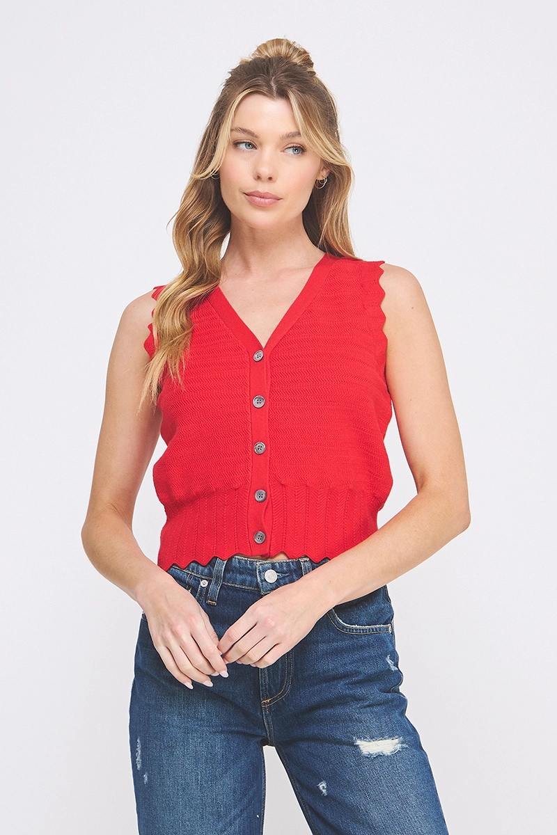 POINTELLE KNIT BUTTON UP VEST TOP