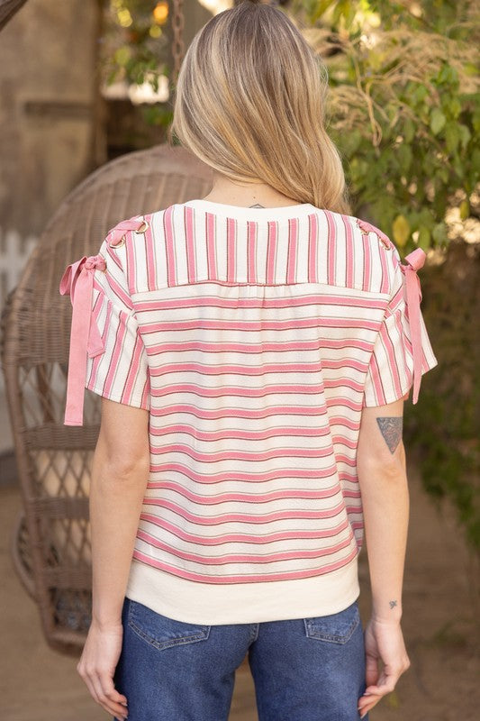 LACE UP SLEEVE STRIPE TOP