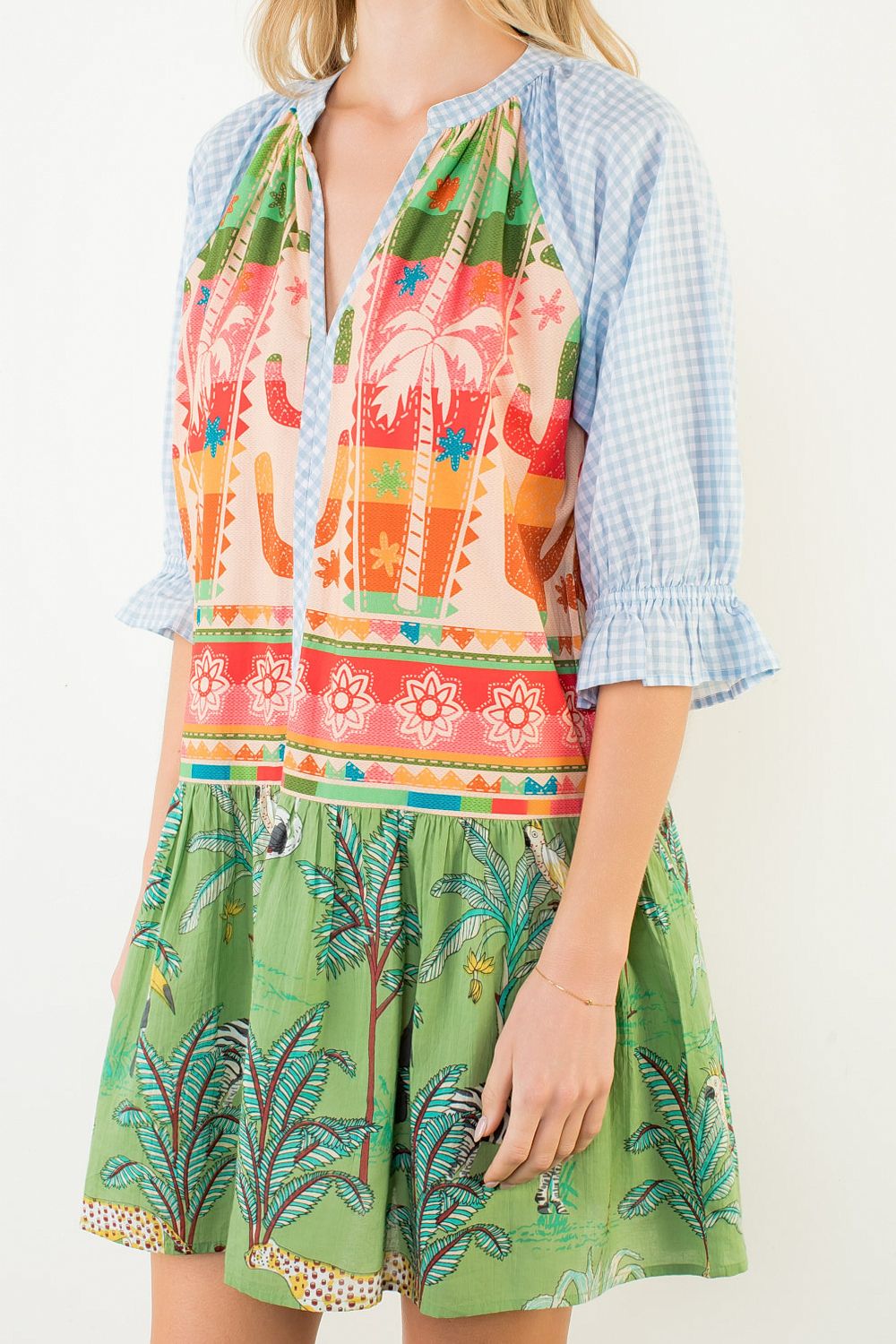 MIX PRINTED 3/4 SLEEVE VNECK DRESS