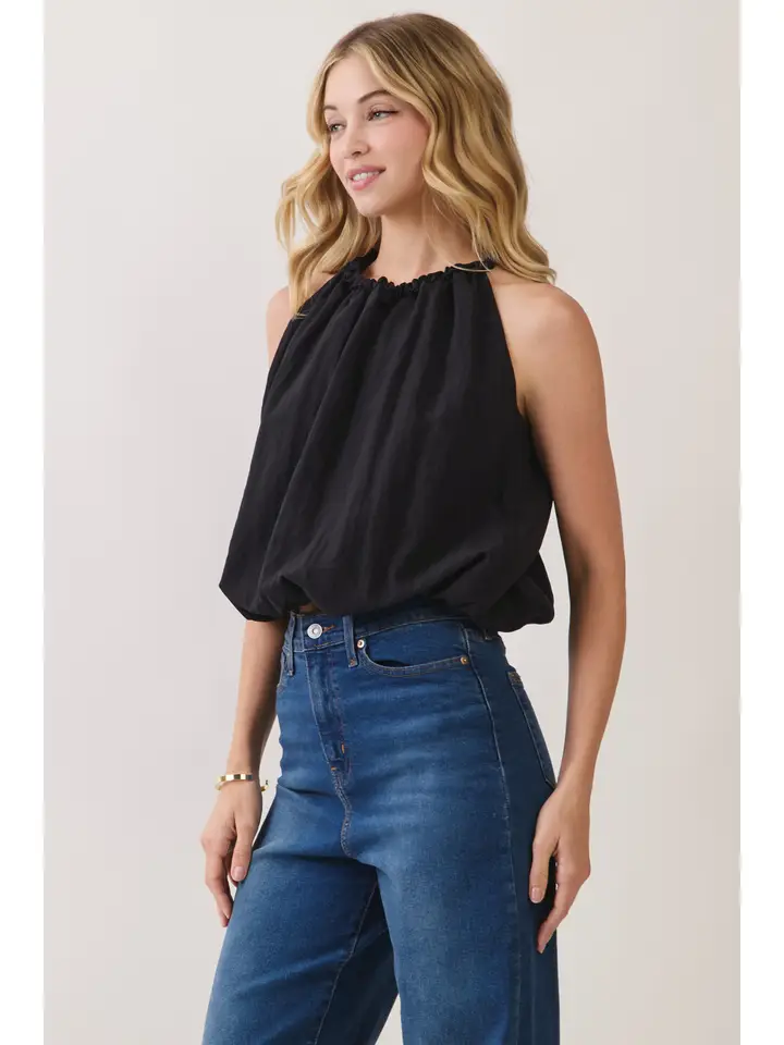 Black gathered balloon-silhouette top, alternate view