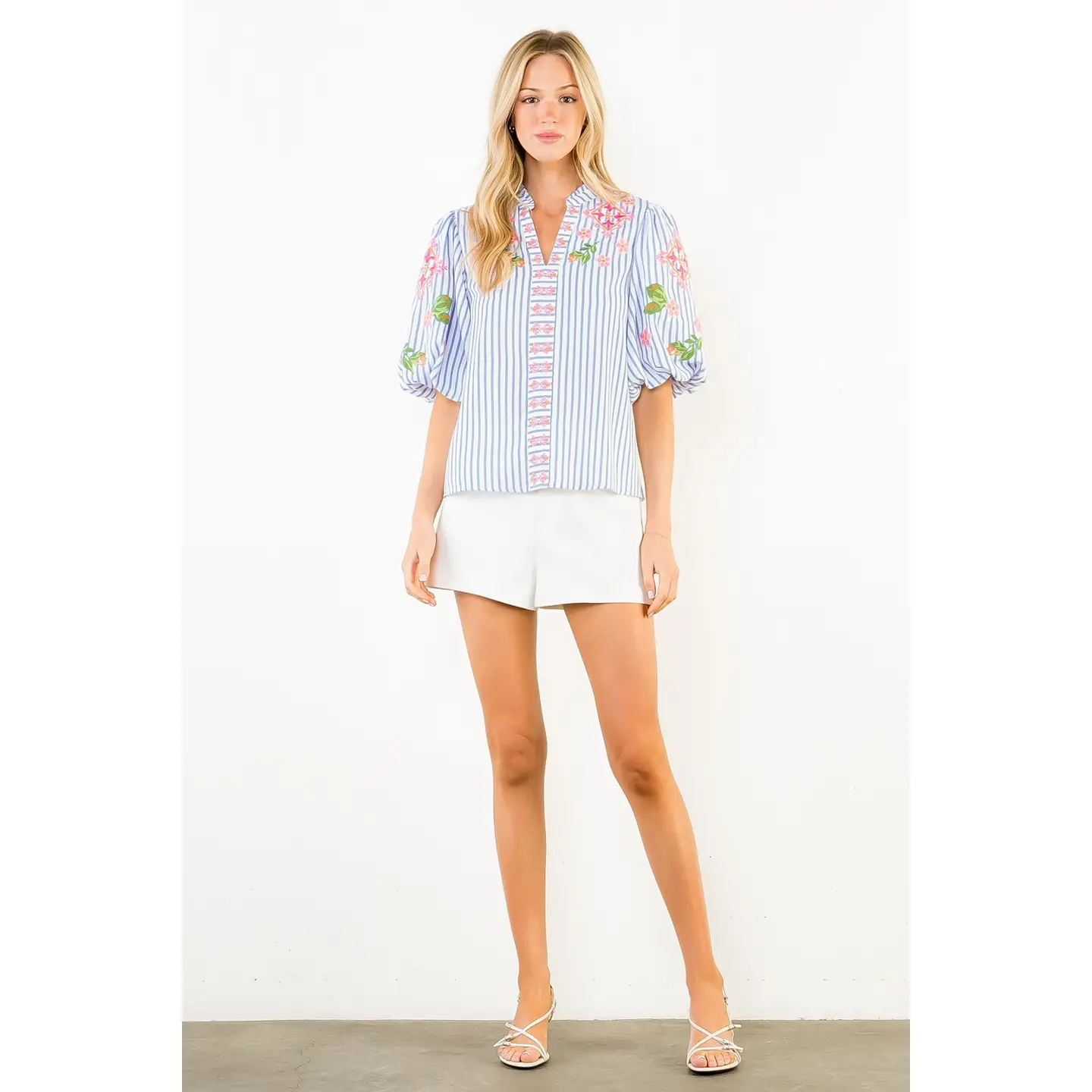 Floral Embroidered Striped Top