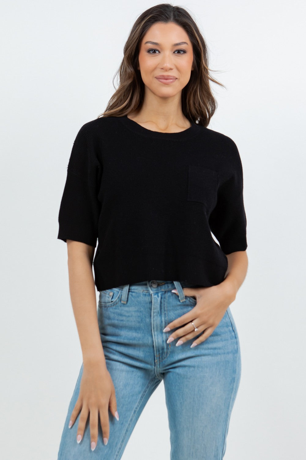 WAFFLE KNIT SHORT SLEEVE SWEATER