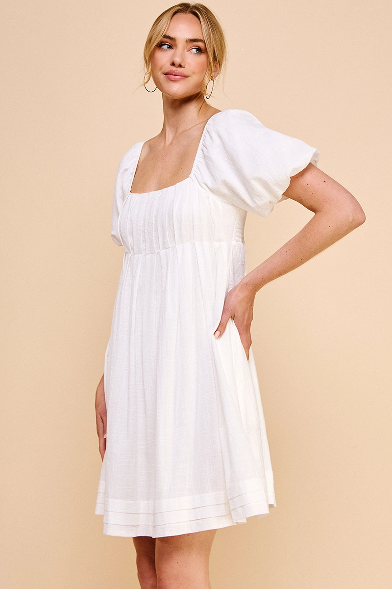 TEXTURED PUFF SLEEVE BABYDOLL DRESS