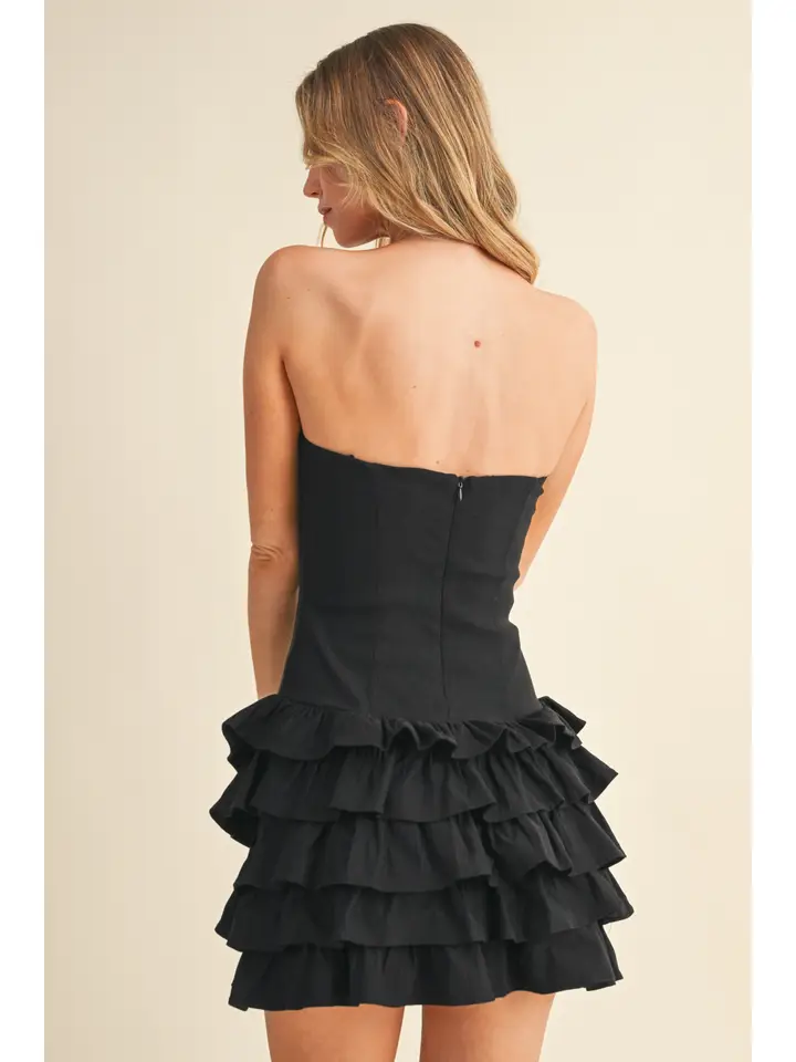 STRAPLESS DROP WAIST RUFFLE MINI DRESS