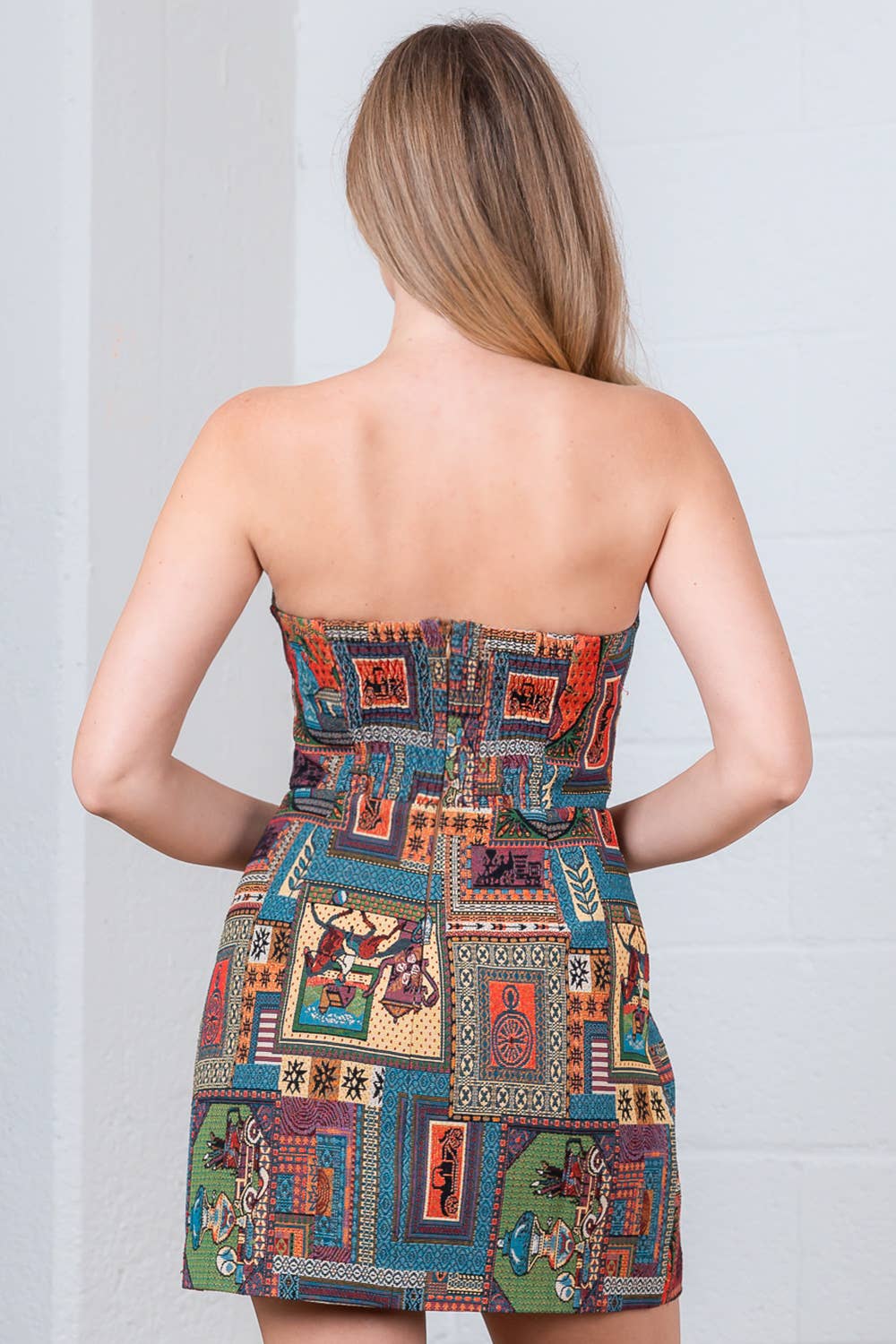 Brown / Multicolor Western-Print Bustier Mini Dress - back view