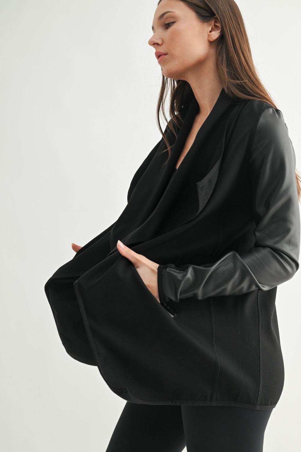 WATERFALL FAUX LEATHER CARDIGAN