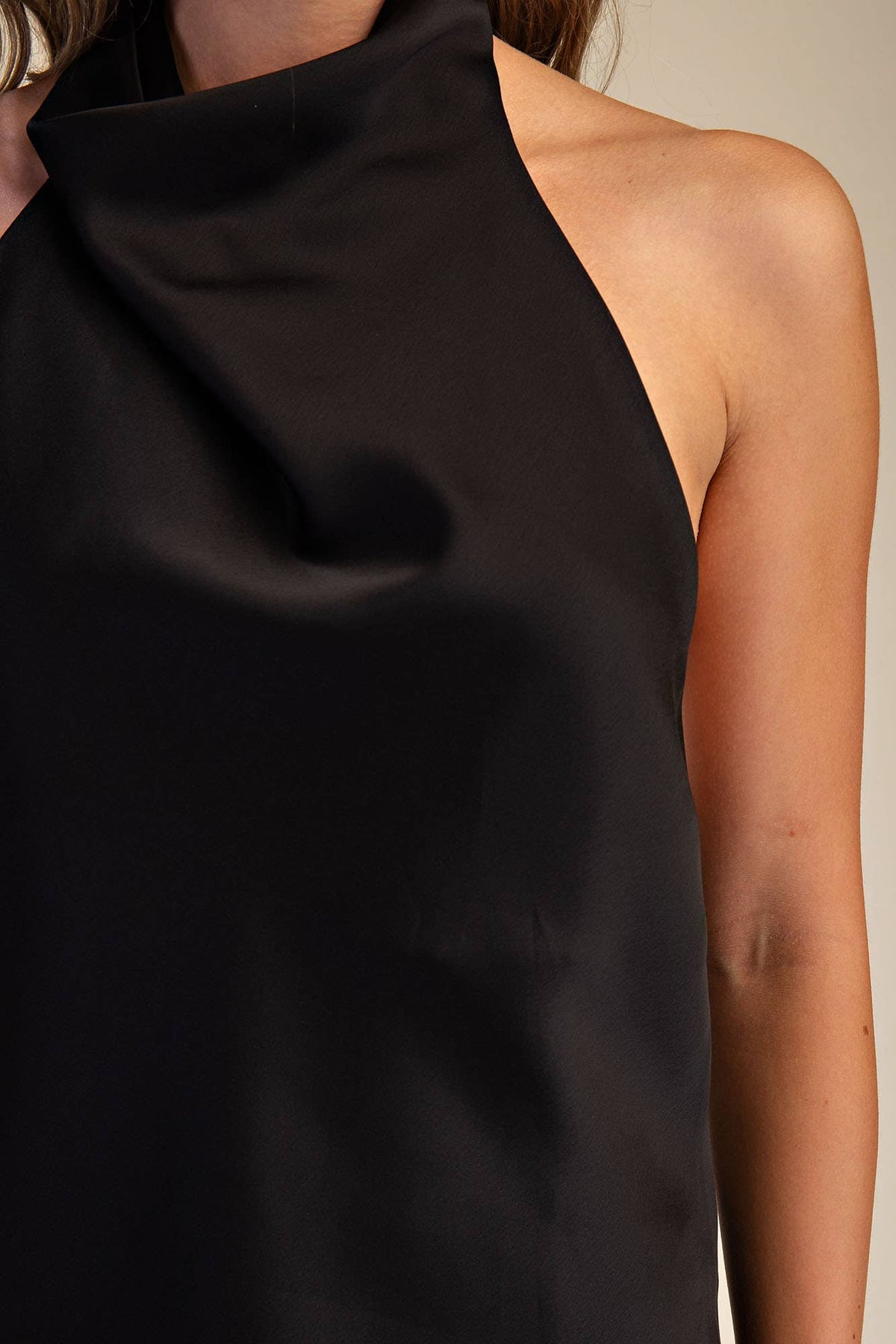 Black satin cowl-neck halter top - front view