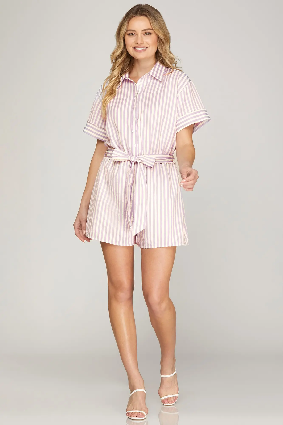 SHE & SKY Striped Button-Down Romper in lilac and white - view 5