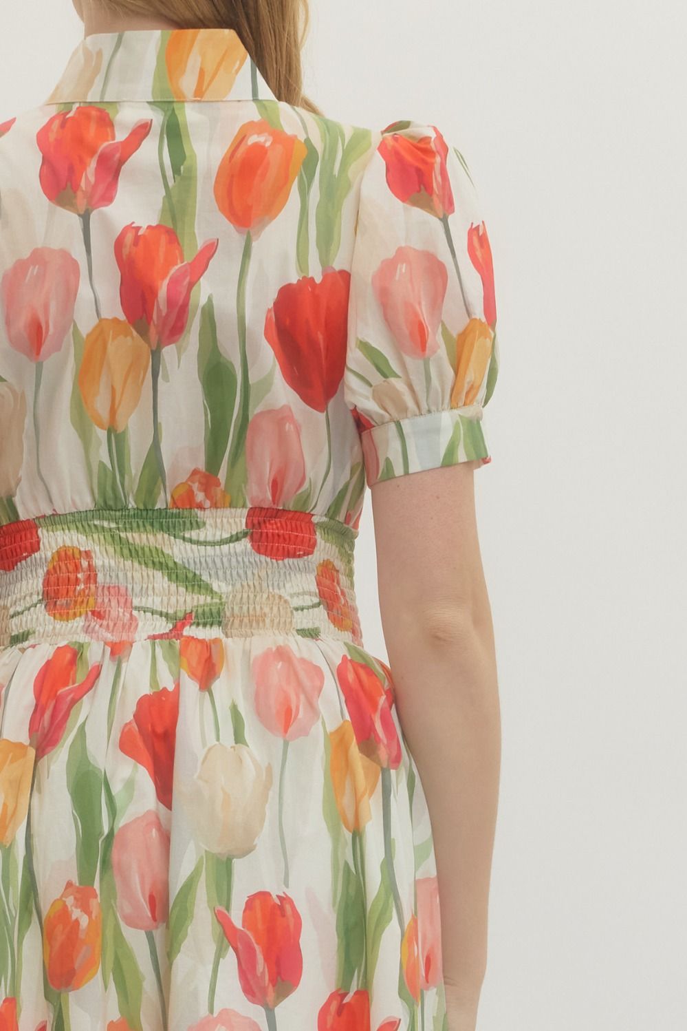 FLORAL PUFF SLEEVE ZIP MIDI DRESS