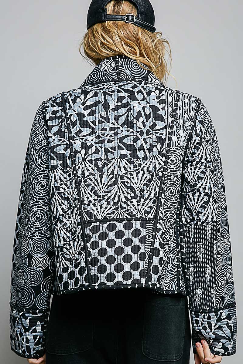 Black and ivory patchwork quilted kimono jacket, back view