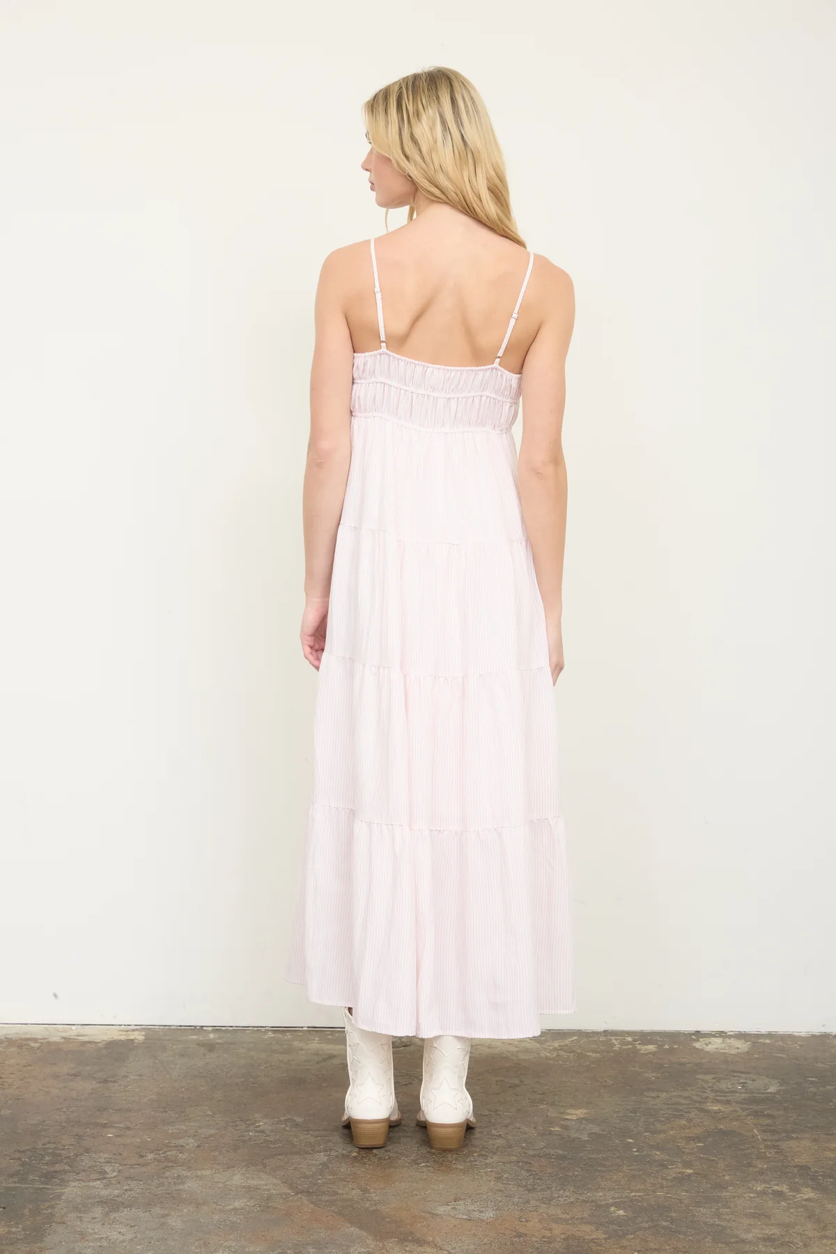 STRIPE EMPIRE TIERED MIDI DRESS
