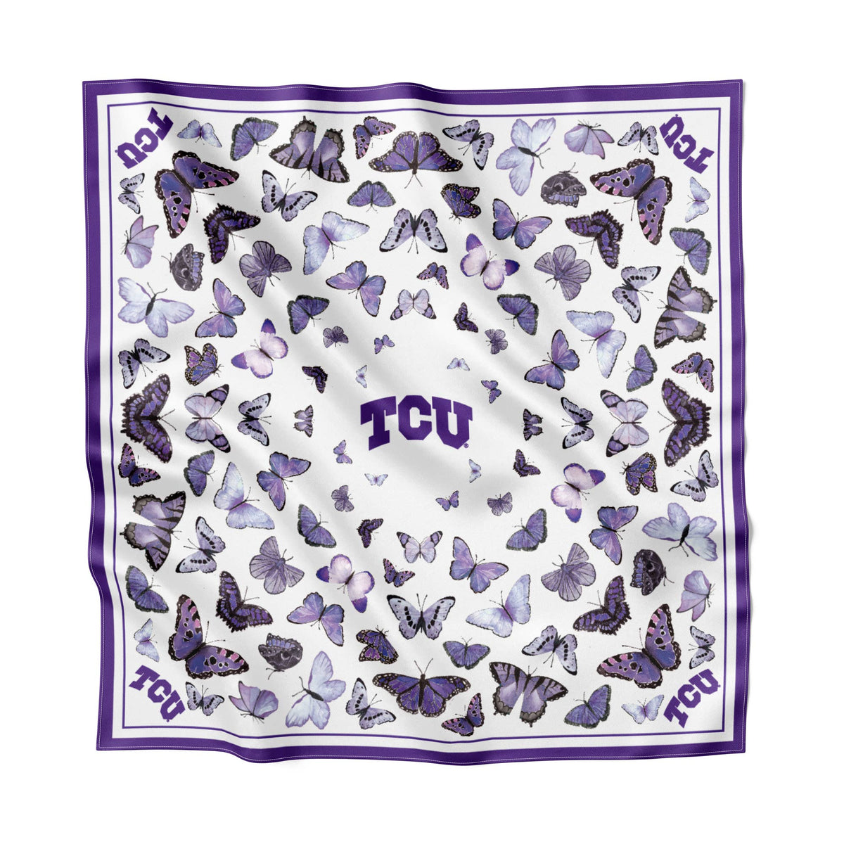 TCU butterfly silk scarf styled on a handbag
