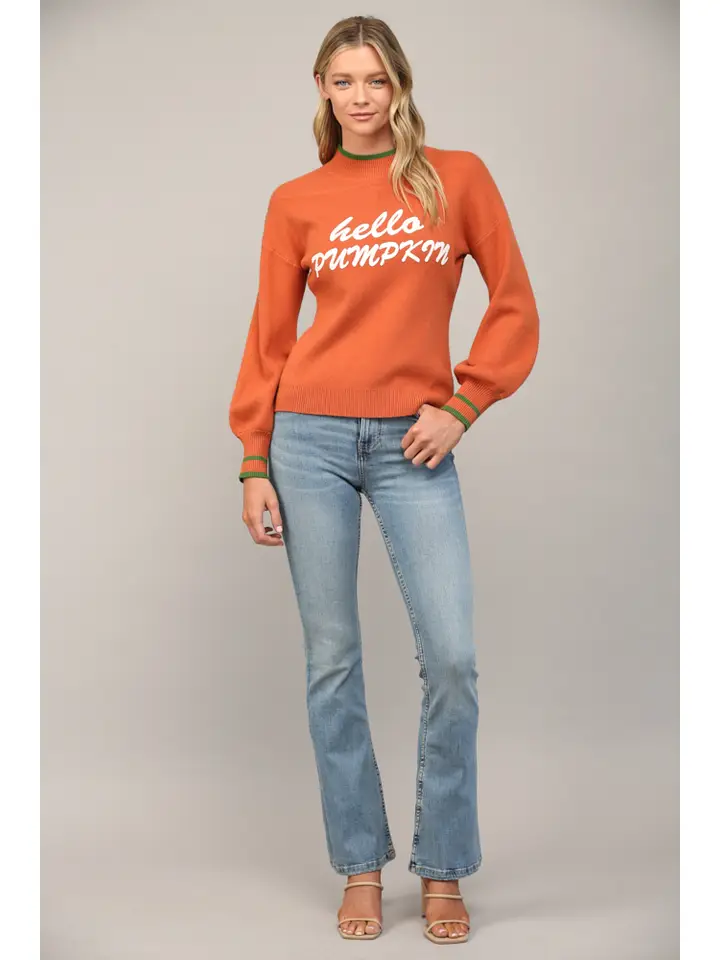 "HELLO PUMPKIN" MOCK NECK BALLOON SLEEVE SWEATER