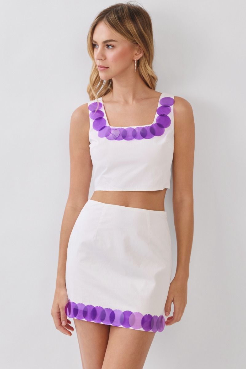 White / Purple TCU Sequin-Disc Crop Top - front view