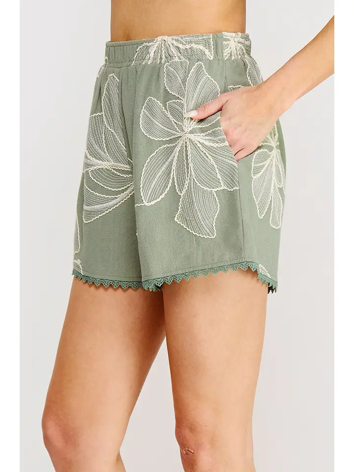 FLORAL SHORTS W/ CROCHET TRIM