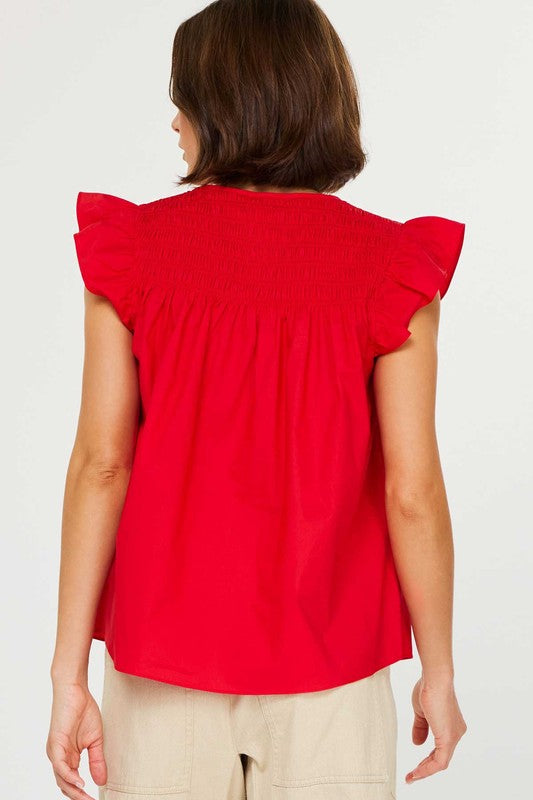 FLUTTER SLEEVE SMOCKED BACK BLOUSE