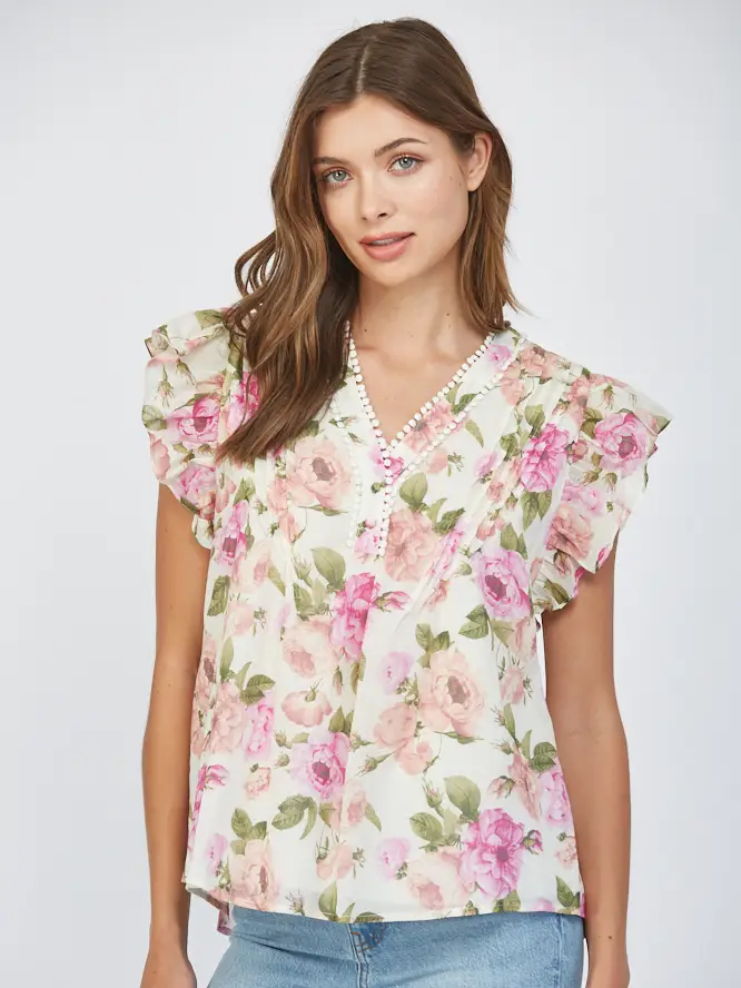 FLORAL TUCK DETAIL FLUTTER TOP
