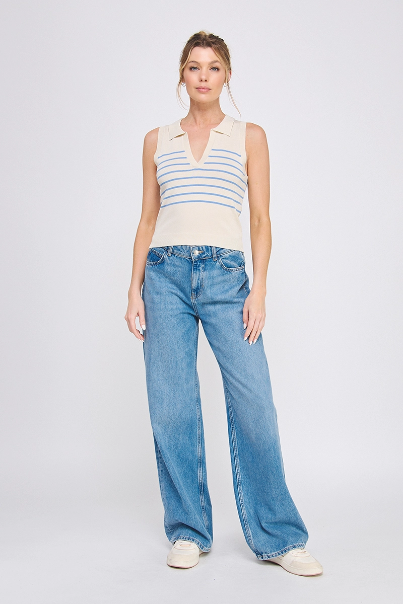 STRIPED KNIT POLO TANK