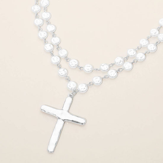 Cross & Pearl Disc Beads Chain Layered Necklace