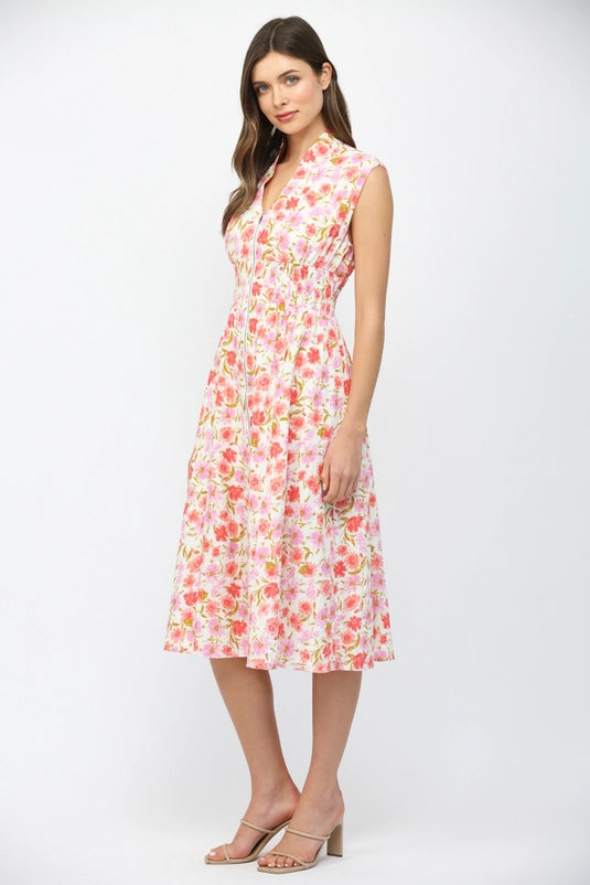 FLORAL ZIP FRONT MIDI DRESS