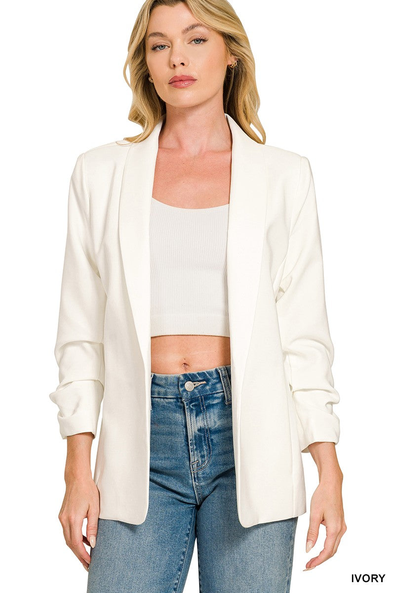 Ivory open-front blazer with ruched sleeves
