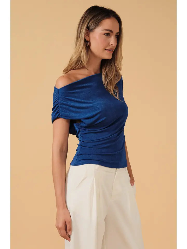 Dark blue one-shoulder asymmetric draped top - back view