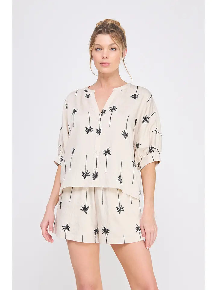 EMBROIDERED PALM TREE DOLMAN TOP