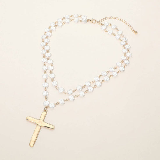 Cross & Pearl Disc Beads Chain Layered Necklace