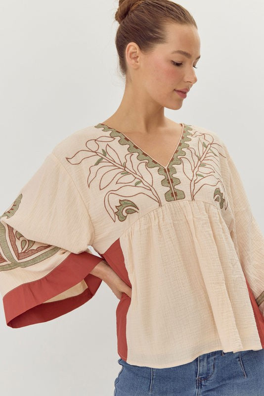 EMBROIDERED BELL SLEEVE TOP